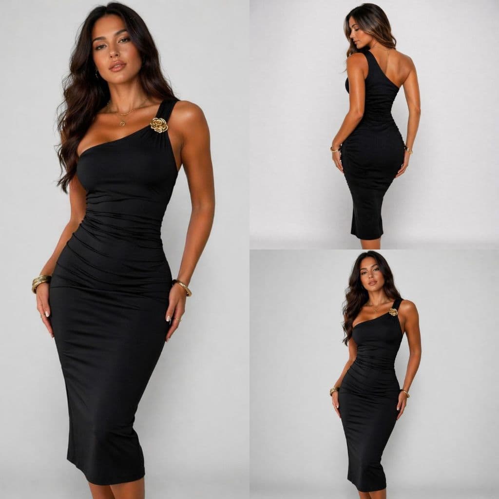 Vestido Feminino Mídi Canelado Franzido na Lateral Detalhe na Alça