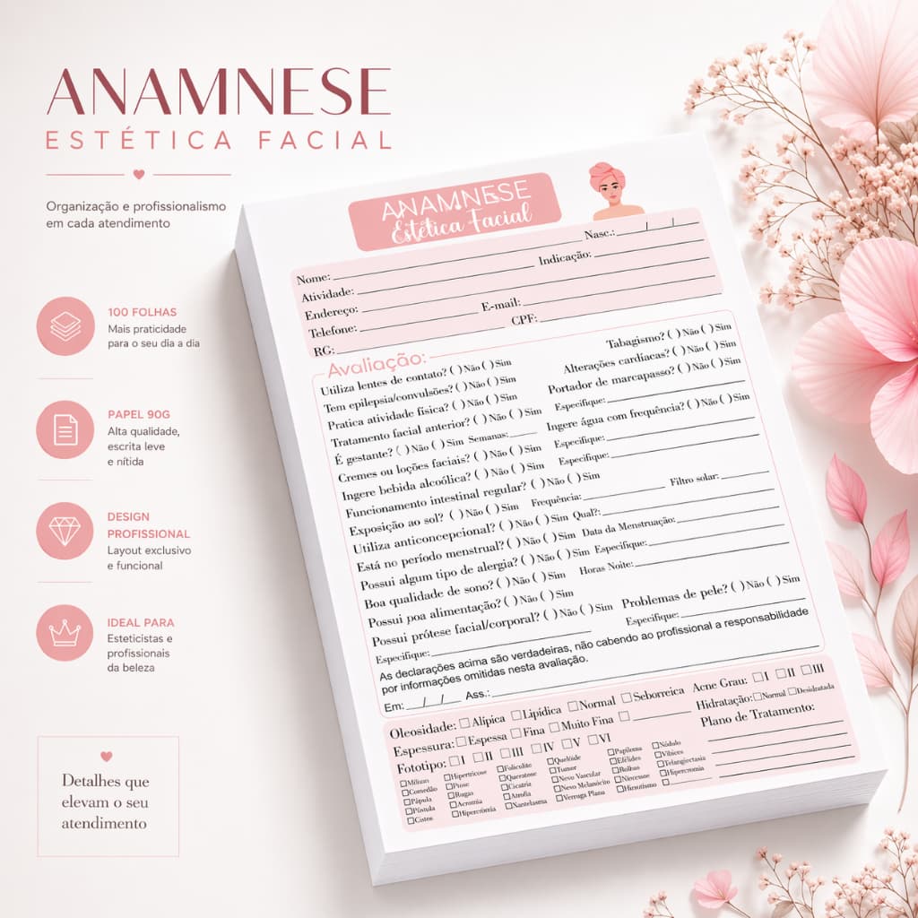 Ficha de Anamnese de Estética Facial (100 FOLHAS) - Bloco Anamnese Facial