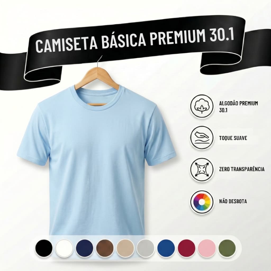 Camiseta Masculina Algodão Camisa Azul Claro Masculinas Slim Básicas Gola Redonda Tribo