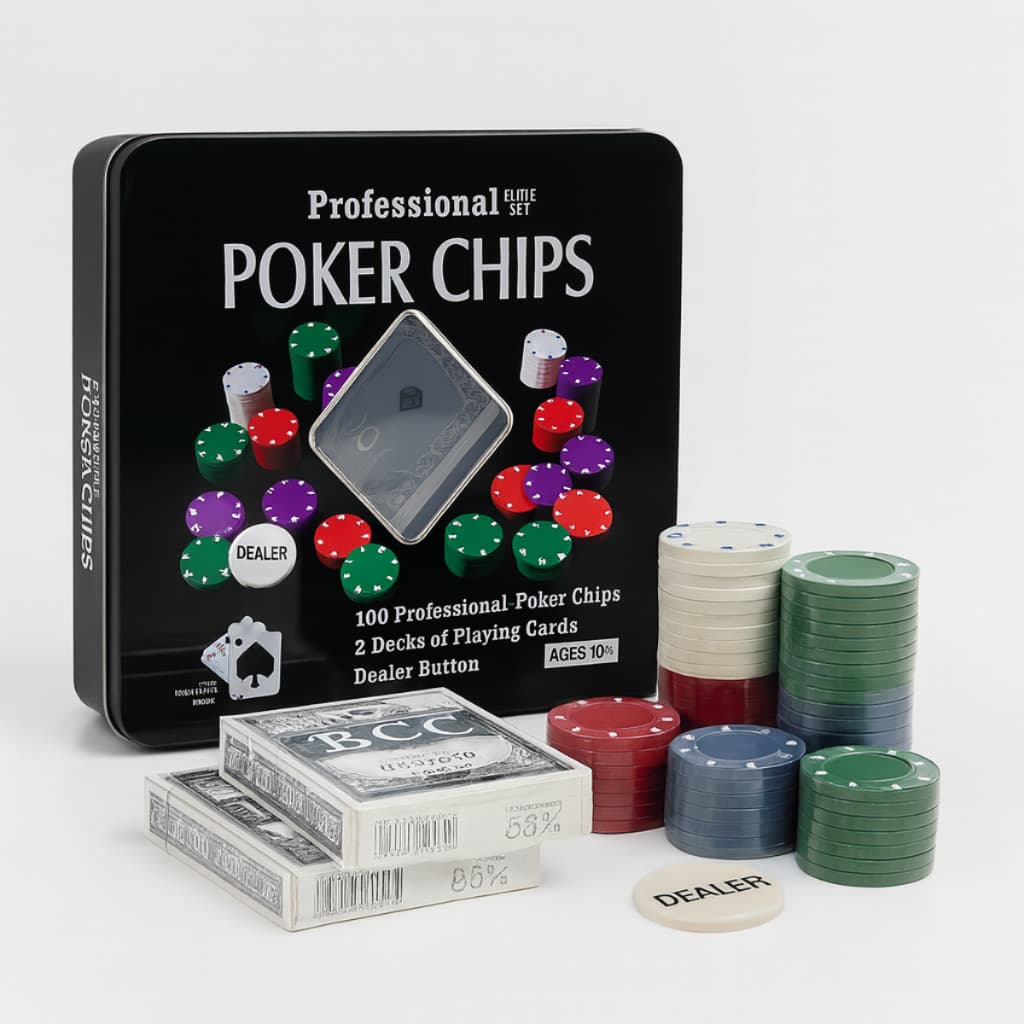 Kit Poker Profissional 100 Fichas Numeradas + 2 Baralhos + Dealer na Lata Metálica Completo
