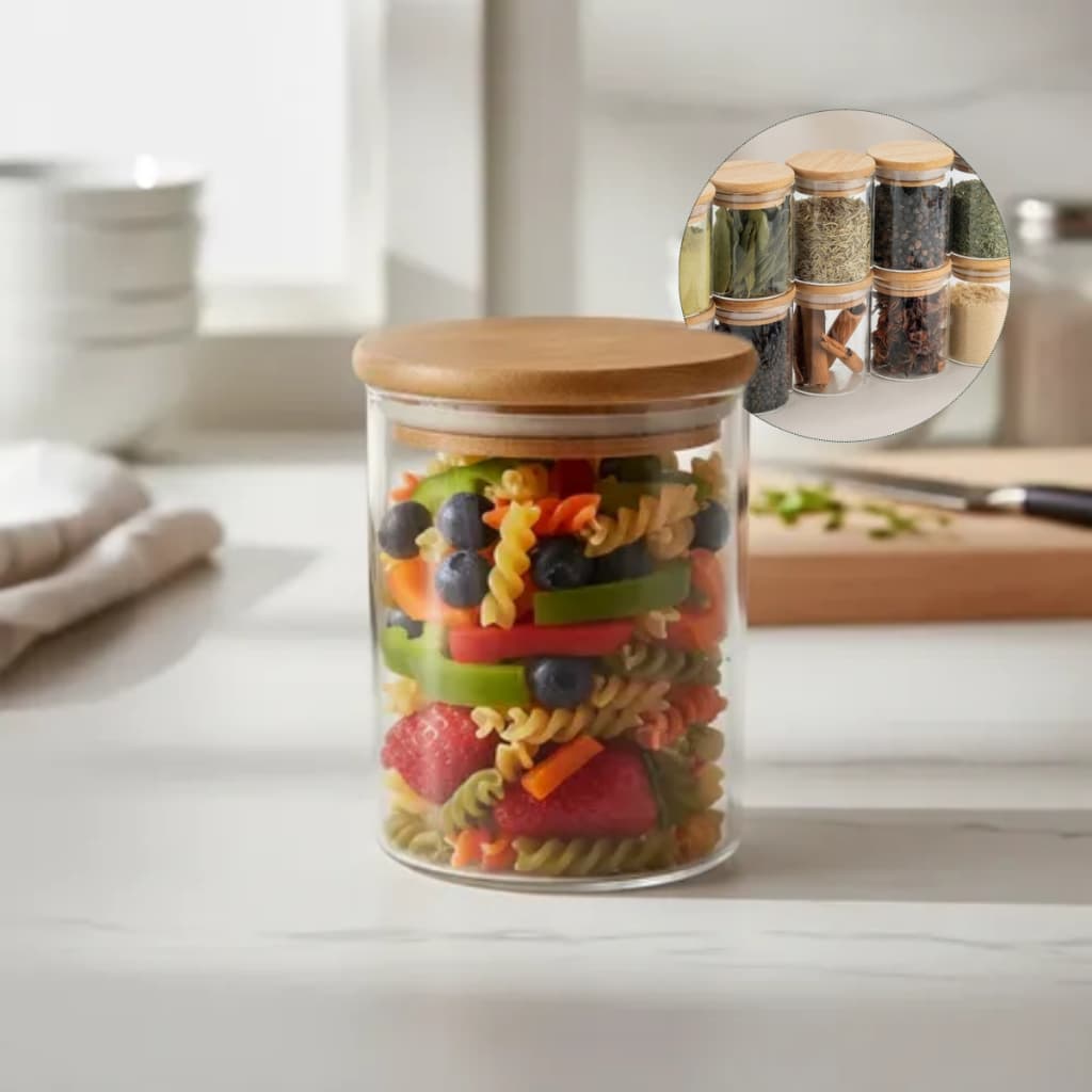 Conjunto 2 Potes de Vidro 150ml Borossilicato Herméticos com Tampa de Bambu