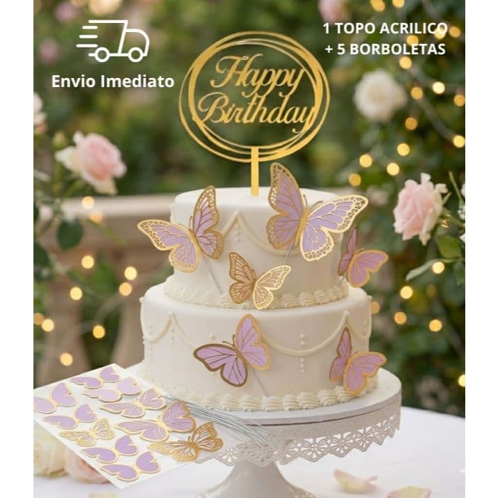 Topos de Bolo acrilico + 5 borboletas