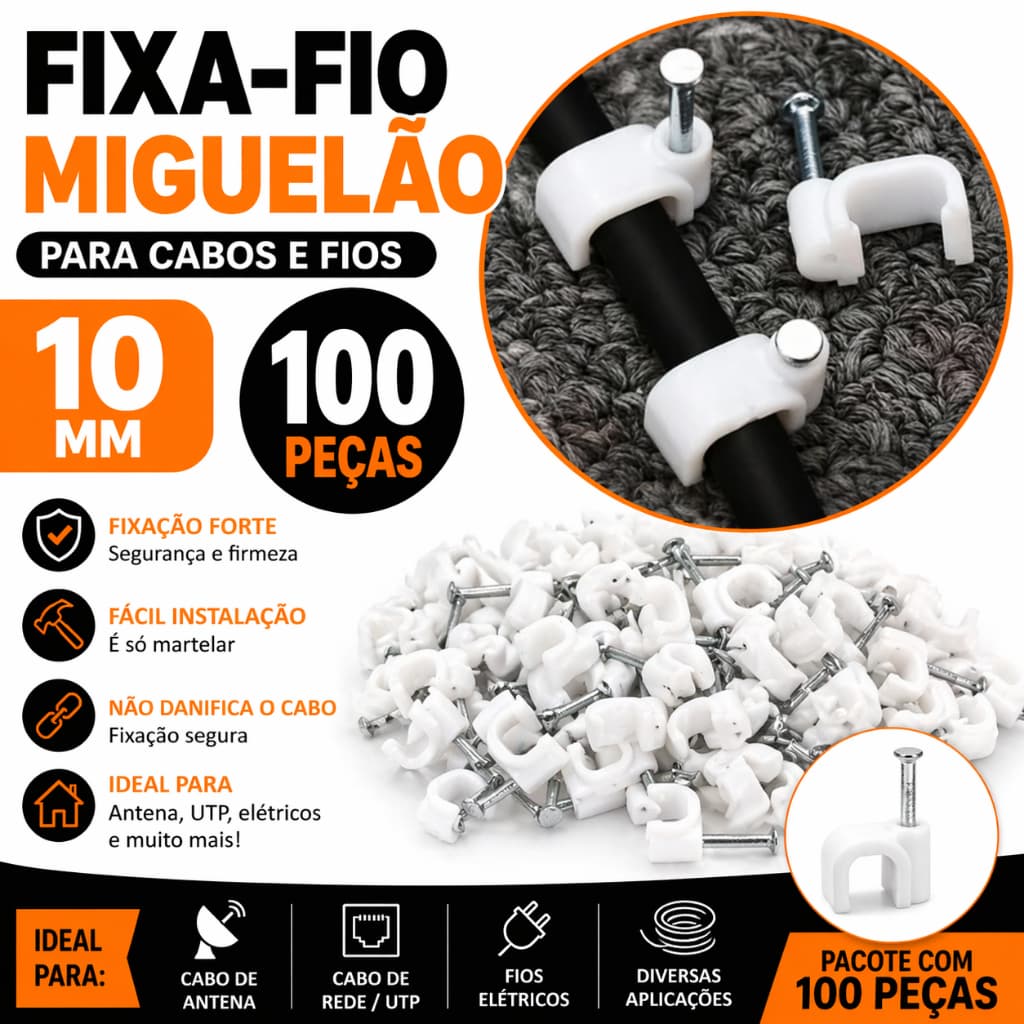 Fixa Fio 10mm Miguelão 100 Peças Grampo Modelo Quadrado Cabo Antena Organizador Instalações de Redes