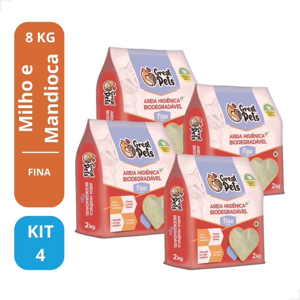 KIT 4 Areias Para Gatos Biodegradavel Mandioca Milho Fina Grossa 8kg - Great Pets