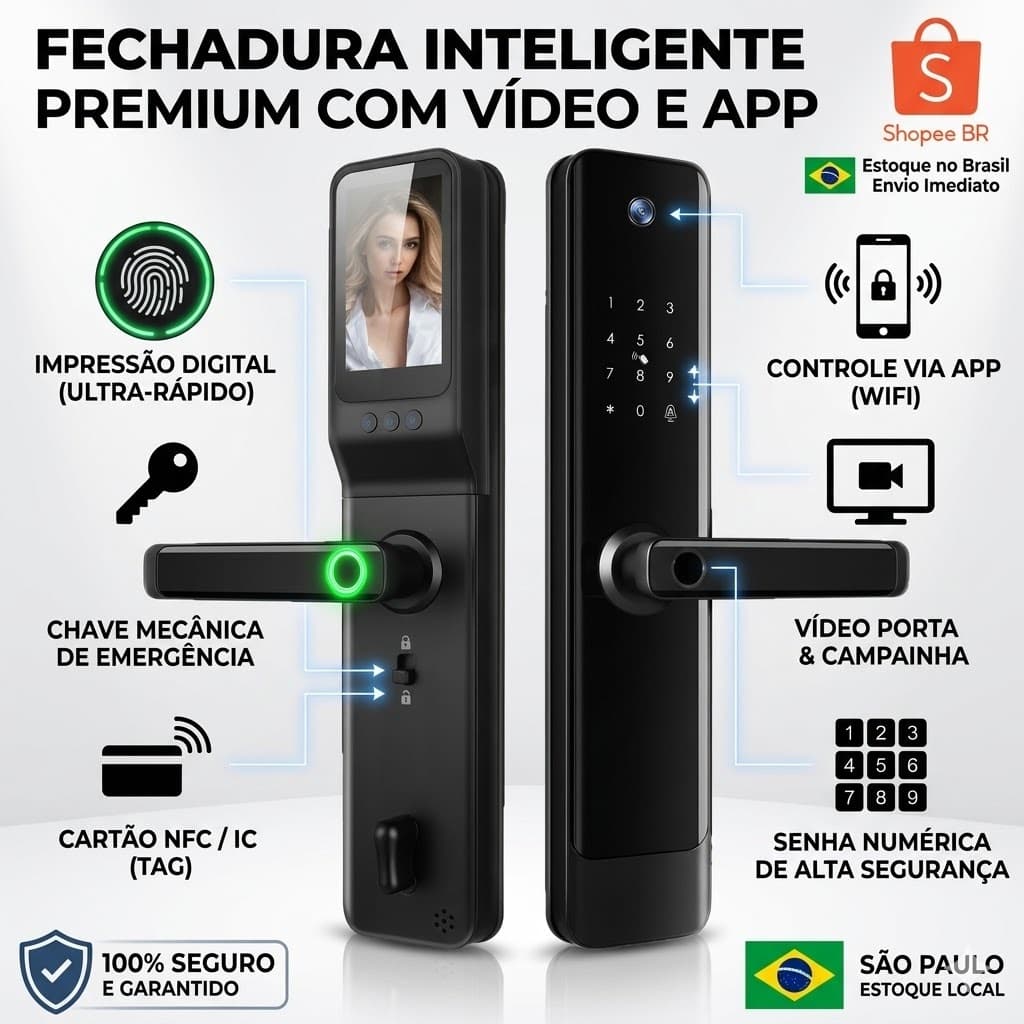 Fechadura Digital Inteligente Wi-Fi com Câmera + Display – Biometria, App, Senha, Tag e Chave (ALPHA 202)