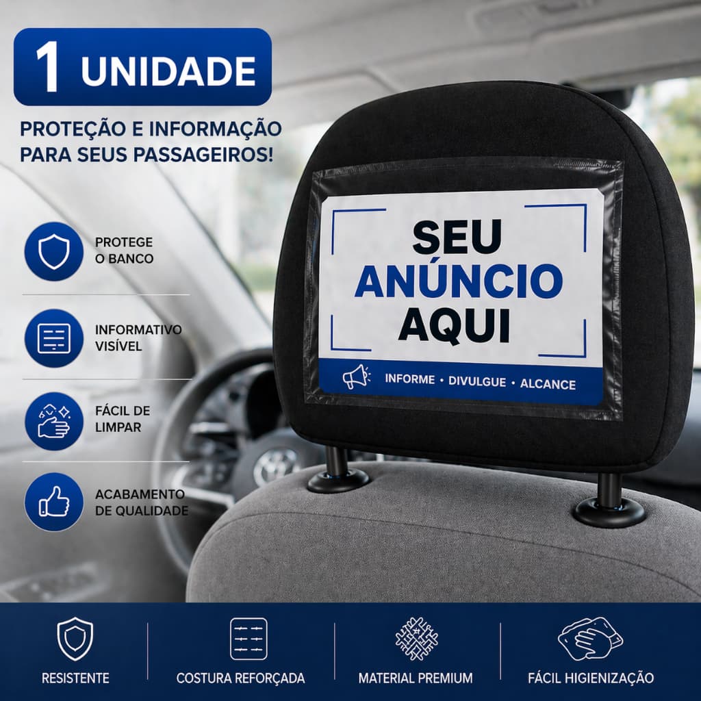 Capa para Cabeceira Veicular com Visor para Informativo, Propaganda ou Celular - Incluso 3 Cartões Informativos