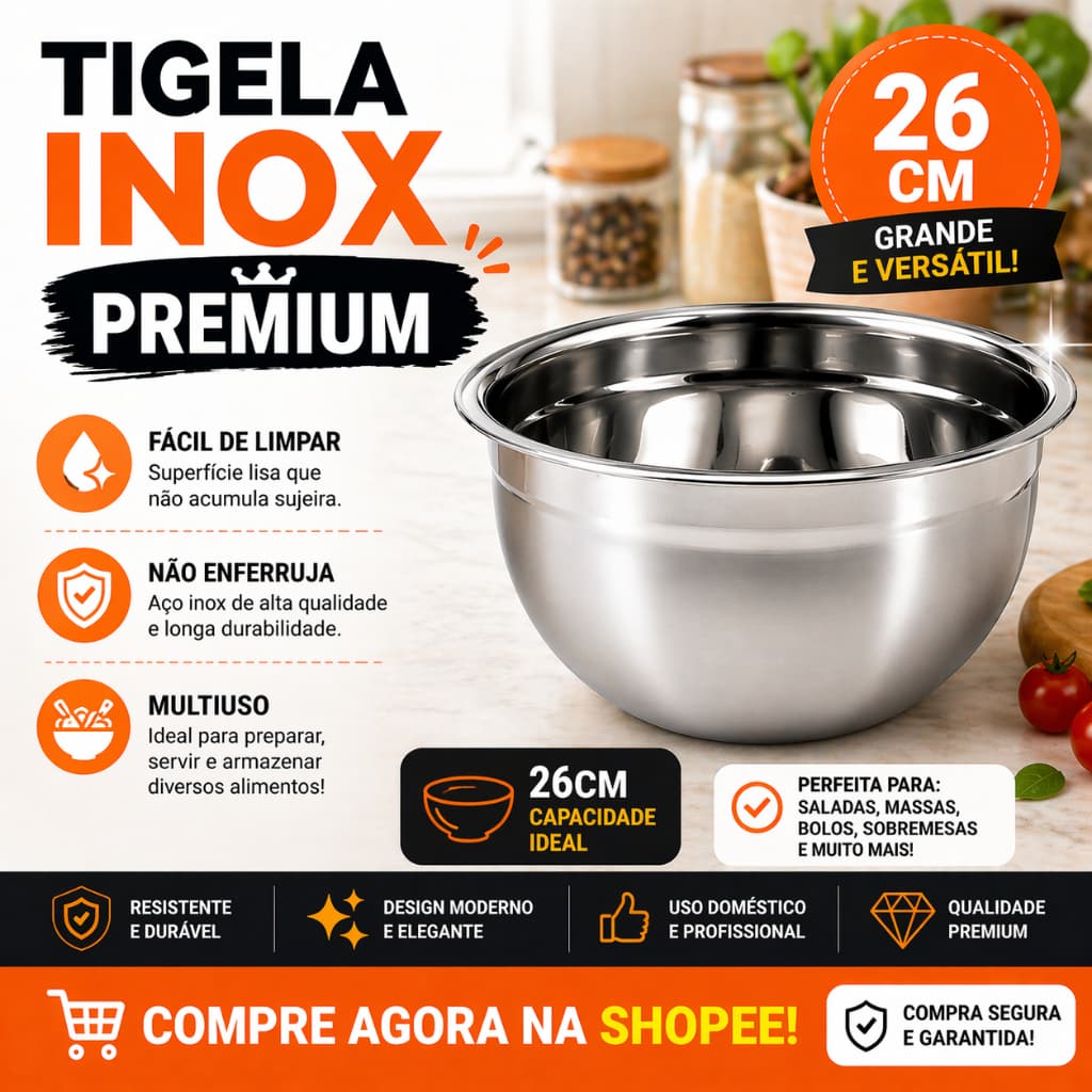 Tigela Inox 26cm Bowl Multiuso Profissional Bacia Aço Inoxidável Cozinha Grande Resistente Prática
