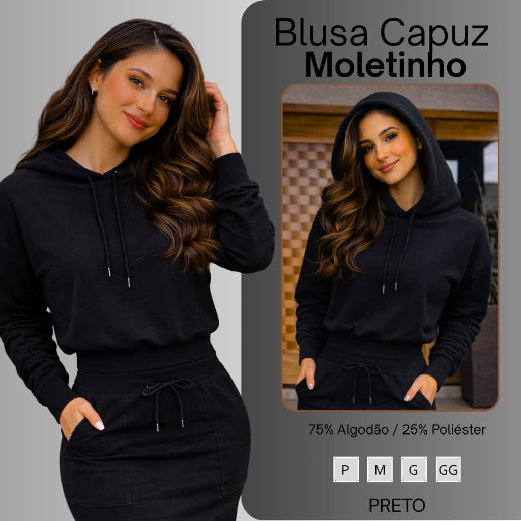 Blusa Moletom Feminina Preta Liso Com Capuz Casaco Casual Feminino Preto Do P Ao GG