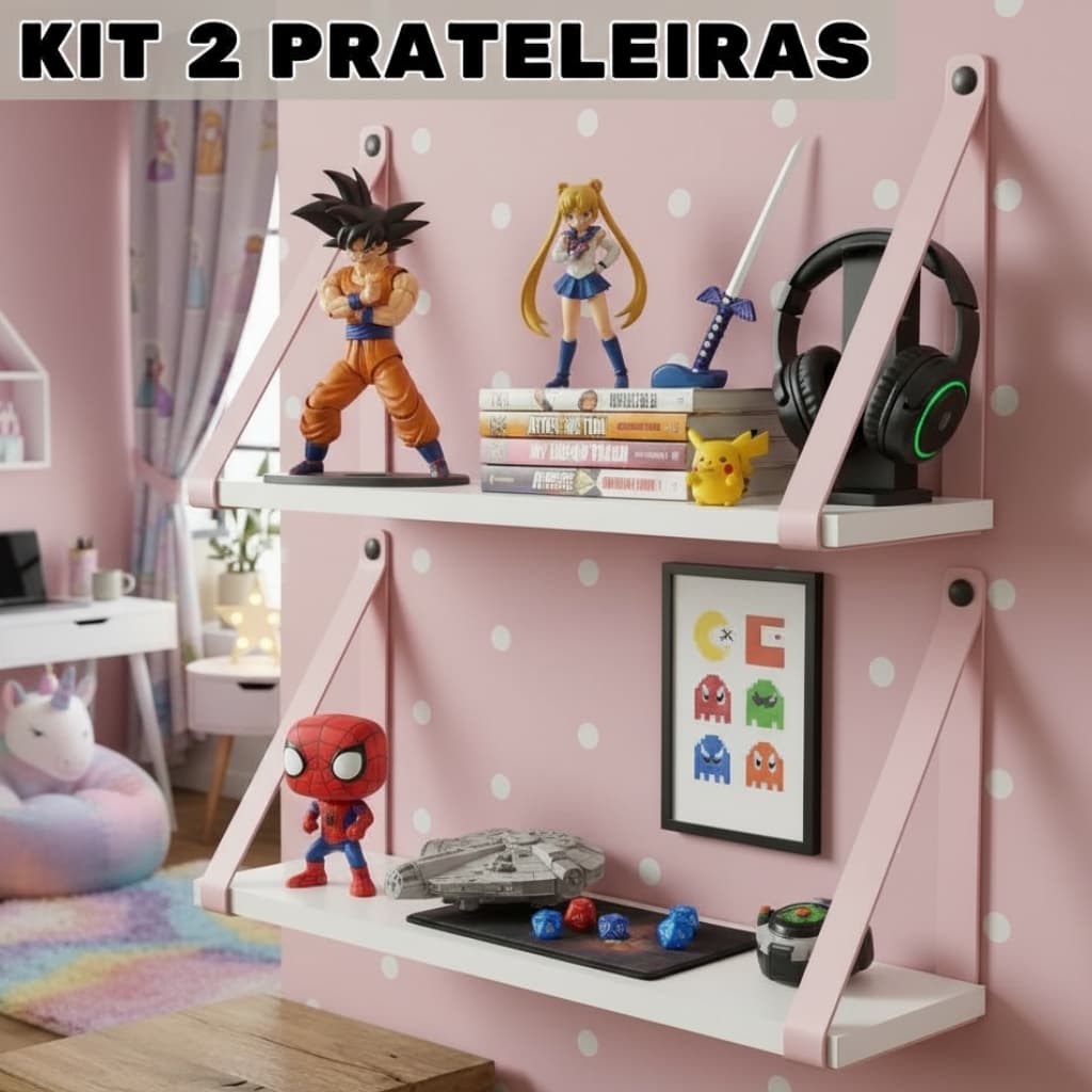 Kit com 2 Prateleiras 15x45cm Brancas Alça de Couro Rosa Nicho Decorativo Quarto Infantil Decoração