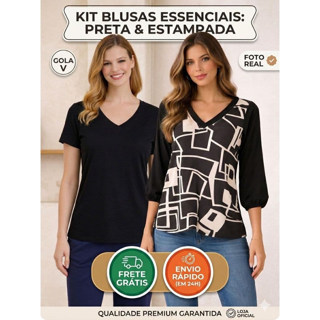 Kit 2 Blusas Femininas Crepe Premium e Viscolycra Manga Curta e 3/4 Lisa Estampada Atacado M ao GG
