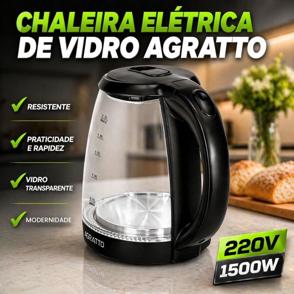 Chaleira Elétrica de Vidro Agratto 2,2litros Aroma Acev01l 220V 1500w
