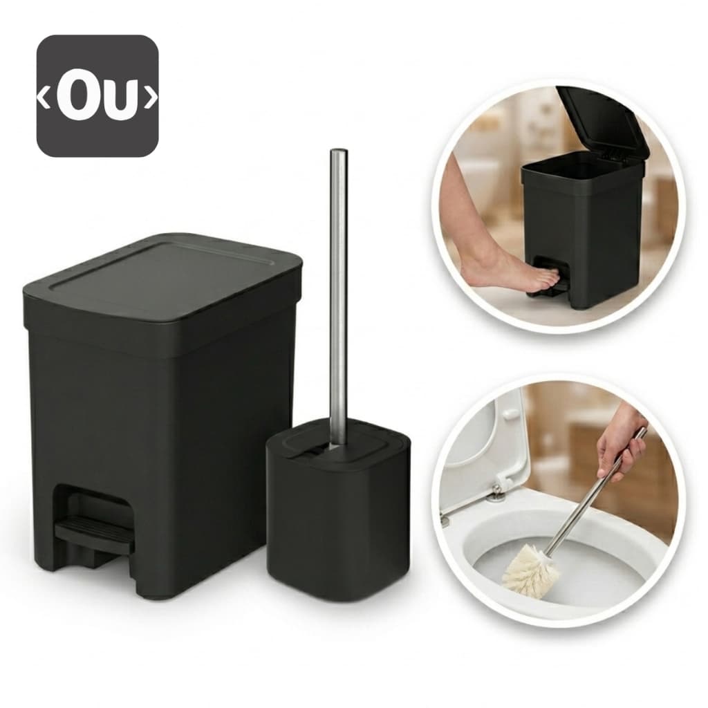 Kit Acessórios Para Banheiro Lavabo 2 Peças Lixeira + Escova Sanitaria Premium Luxo Preto OU