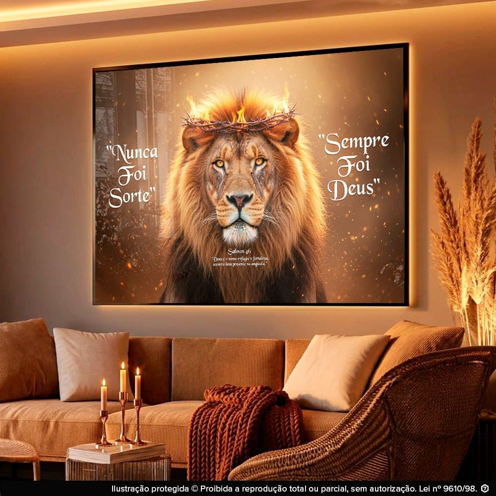 Quadro Decorativo Leão Dourado Nunca Foi Sorte Sempre Foi Deus Religioso Parede MDF