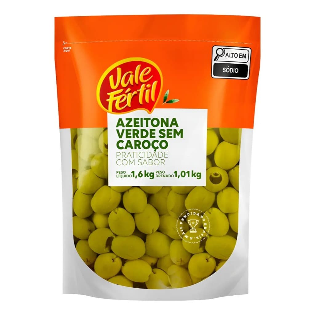 Azeitona Verde Inteira Sem Caroço Sachê Vale Fértil 1,01 Kg
