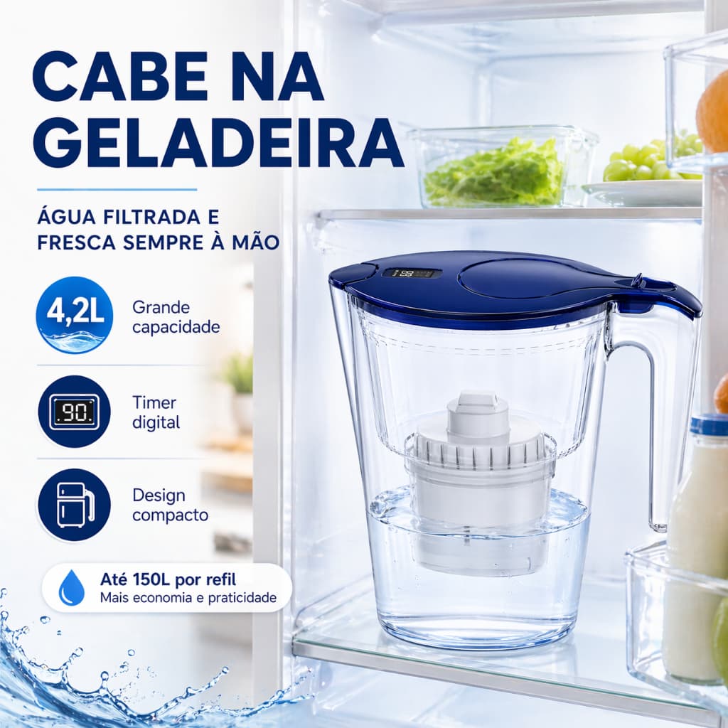 Jarra Purificadora de Água 4,2L com Filtro Reduz Cloro e Odores Cabe na Geladeira