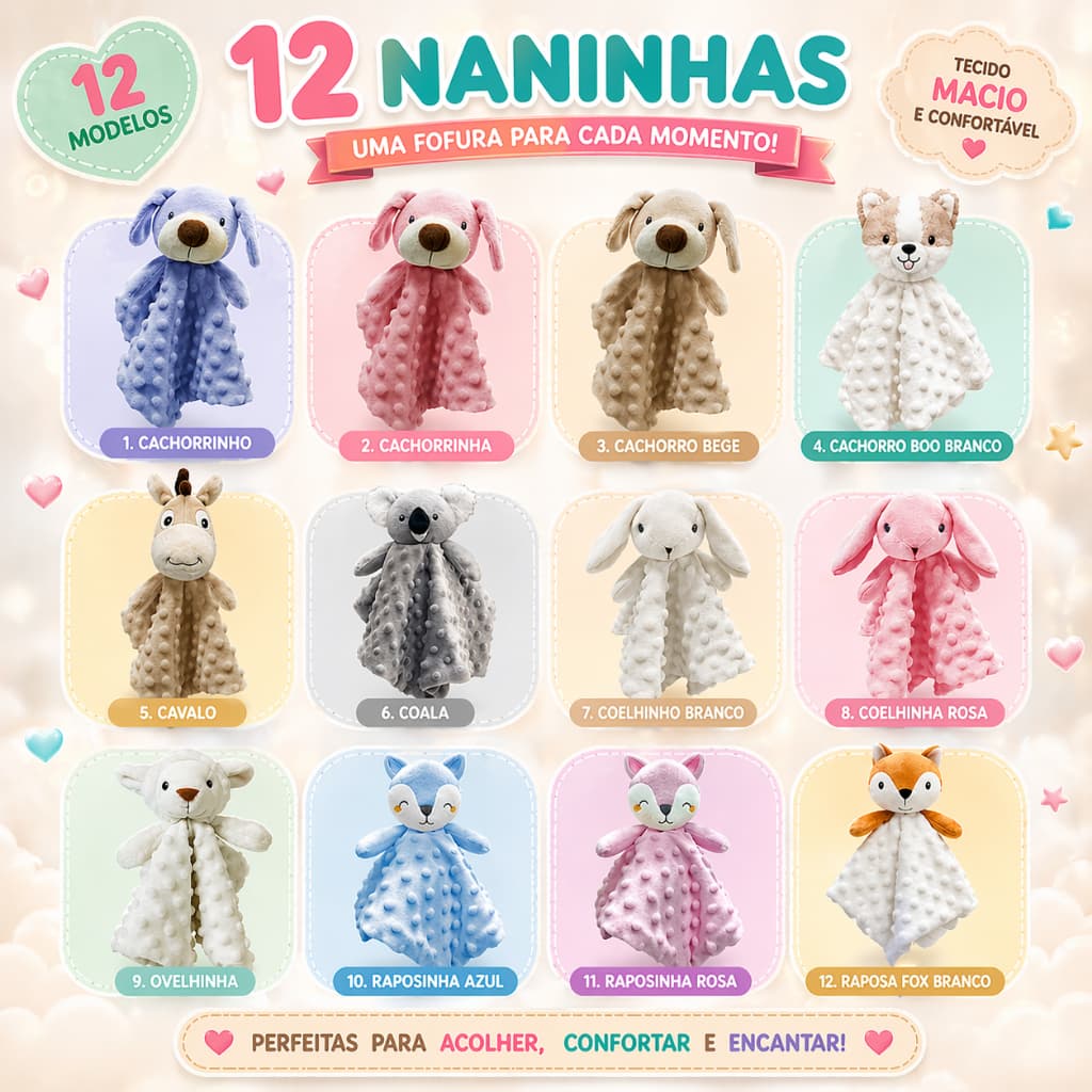 Naninha de Pelúcia para Bebê com Prendedor de Chupeta Laço Bebê 30x30cm - Diversos Modelos
