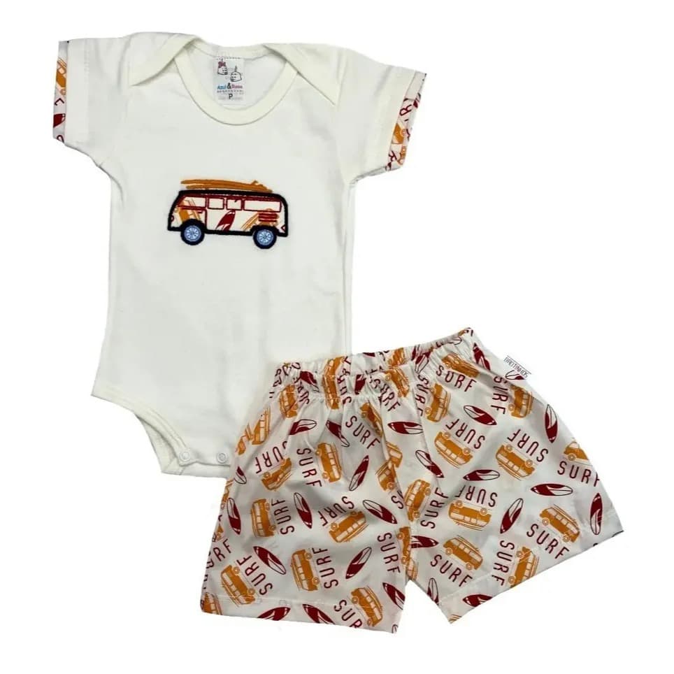 Conjunto Body Bebê + Shorts Estampado Menino Verão Malha Suedine Algodão Liso