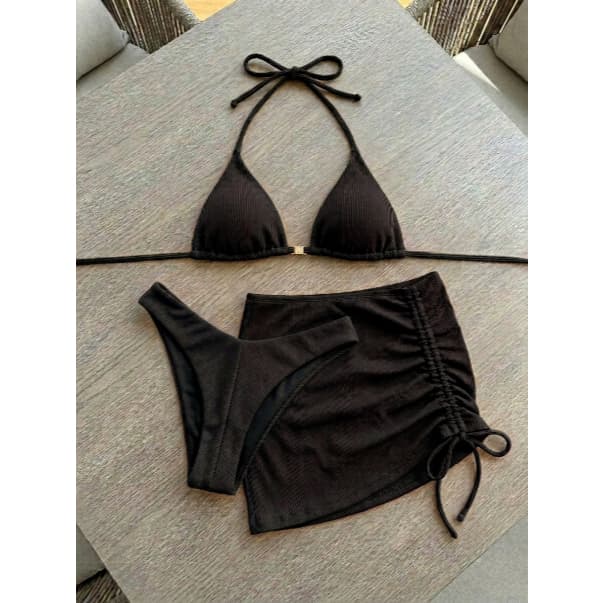 Conjunto 3pçs Biquíni Feminino Canelado com Saia Ajustável Lateral Moda Praia blogueira Chic