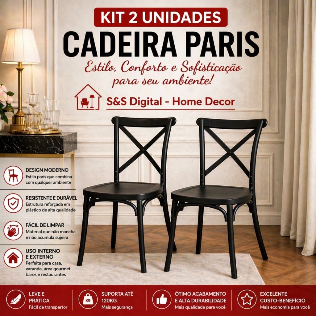 Kit 2 Cadeiras Paris Pretas Reforçadas Sala Jantar Cozinha Promoção Envio Rápido