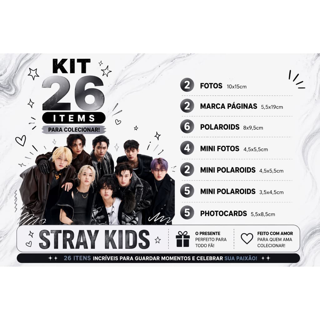 Kit kpop 26 Itens Fotos Polaroids Marca Páginas para Guardar e Colecionar Stray Kids