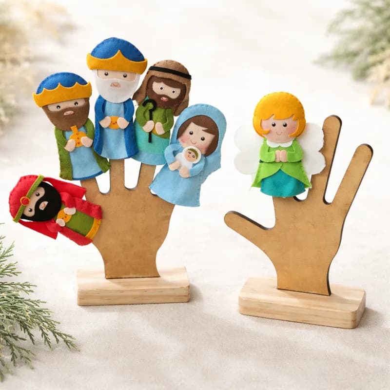 Dedoches Nascimento de Jesus em Feltro Kit com 6 Personagens Bíblicos Ensinamento Divertidos