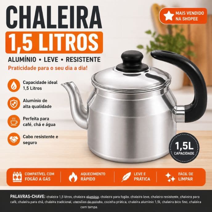 Chaleira 1,5 Litros Polida Tradicional para Café e Chá Cabo Resistente envio imediato