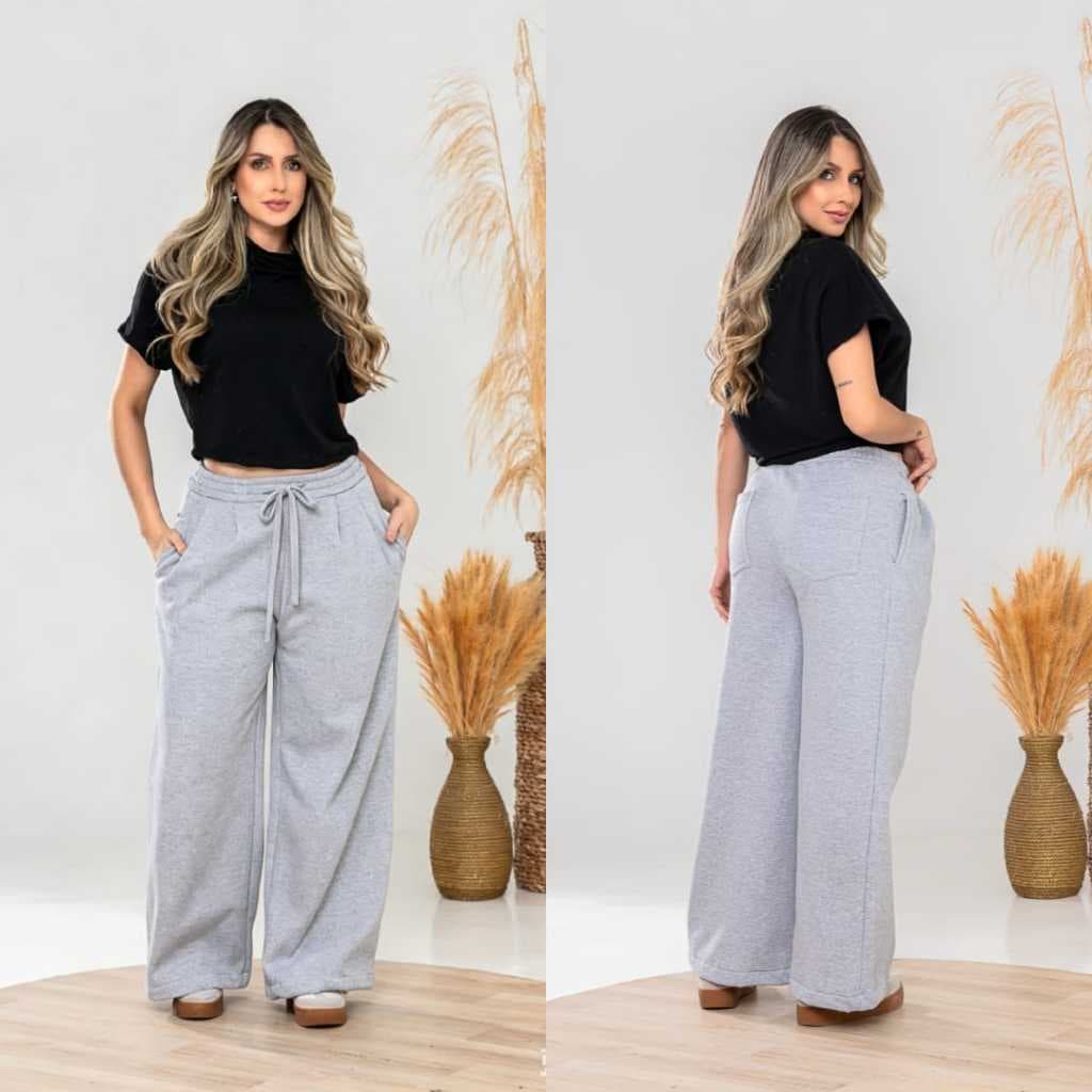 Calça Pantalona Feminina Moletom Flanelada Cintura Alta Wide Leg Com Cordão e Bolsos