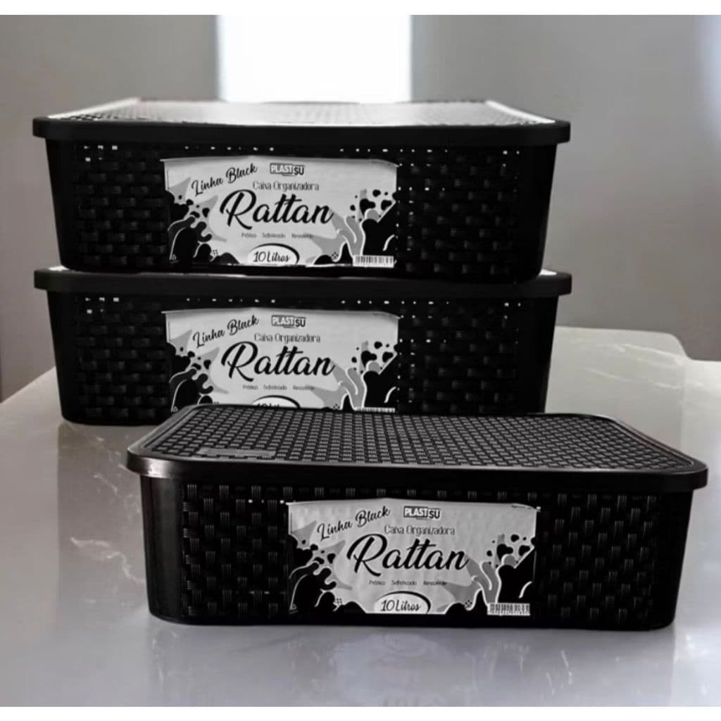Kit 3 Caixas Organizadoras Rattan C/ Tampa 10 Litros Preta