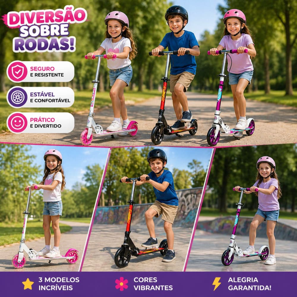 Patinete Infantil Dobrável Rodas Grandes  Ajustável  Preto Branco Rosa  Menino Menina