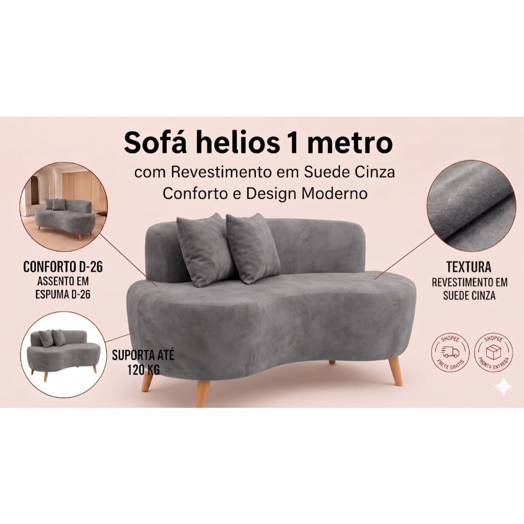 🔥 Sofá Helios XII 1m Suede Cinza | Moderno, Confortável e Pé 12cm Alto | Pronta Entrega