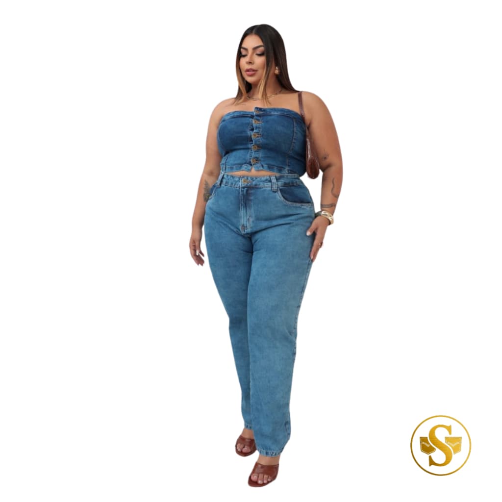 Cropped Jeans Plus Size Tomara Que Caia Com Lycra Botões Frontais Conforto Premium G1 G2 G3 Azul Aço