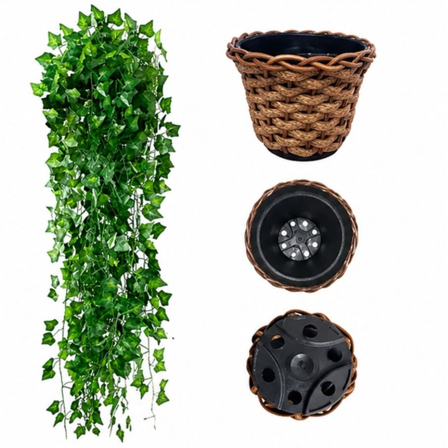 Kit Planta Pendente Artificial Verde Vaso Trançado Decoração Parede