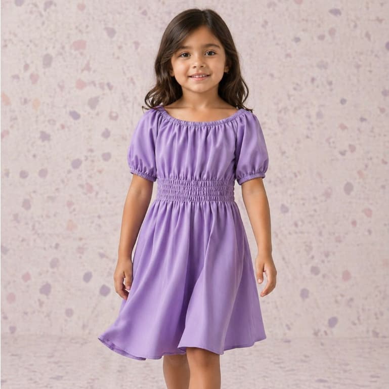 Vestido Infantil Lilás Manga Bufante com Elastex Tamanhos 2 ao 10