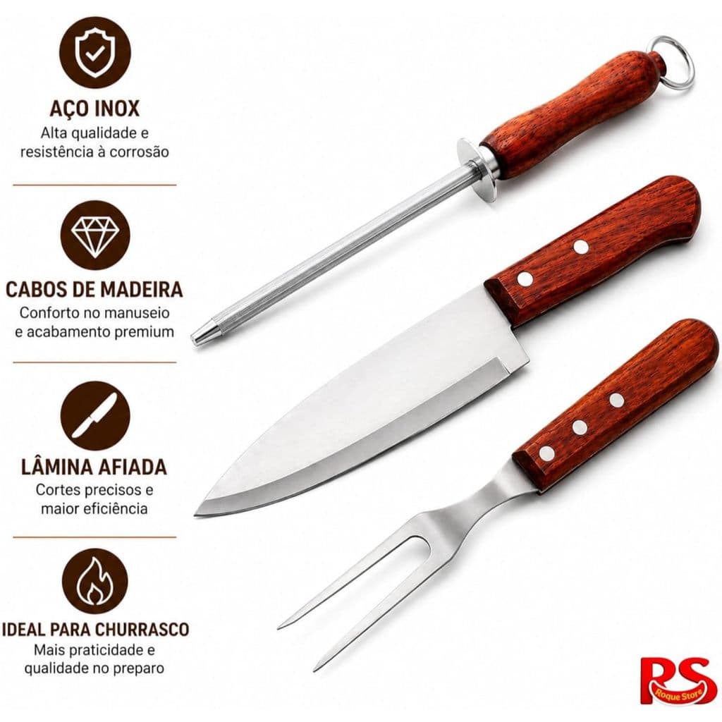 Conjunto Churrasco Profissional 3 Peças Facas Churrasco Amolador Chaira Aço Garfo BBQ Inox Copa 2026