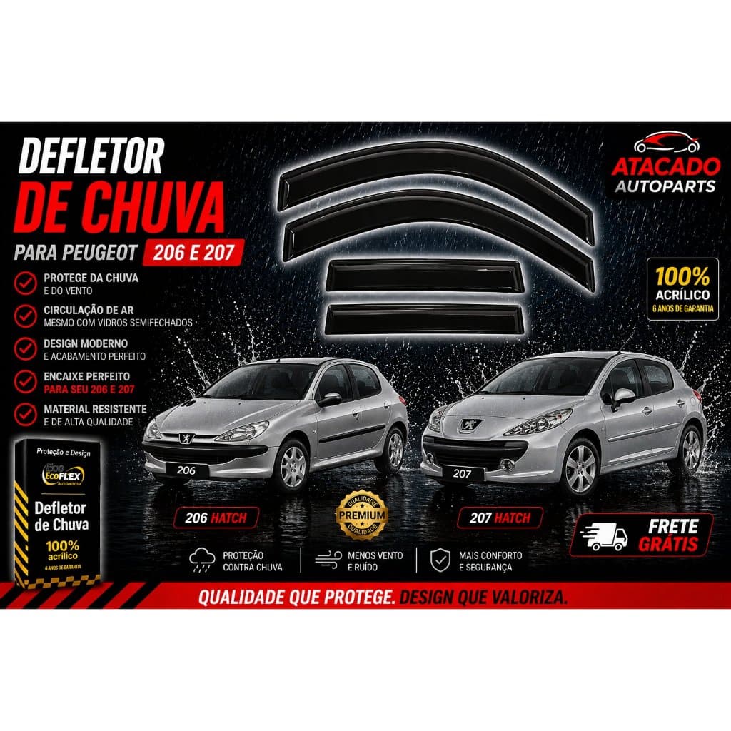 Calha de Chuva Defletor Peugeot 206 / 207 Todos 4 Portas Original Ecoflex Fume