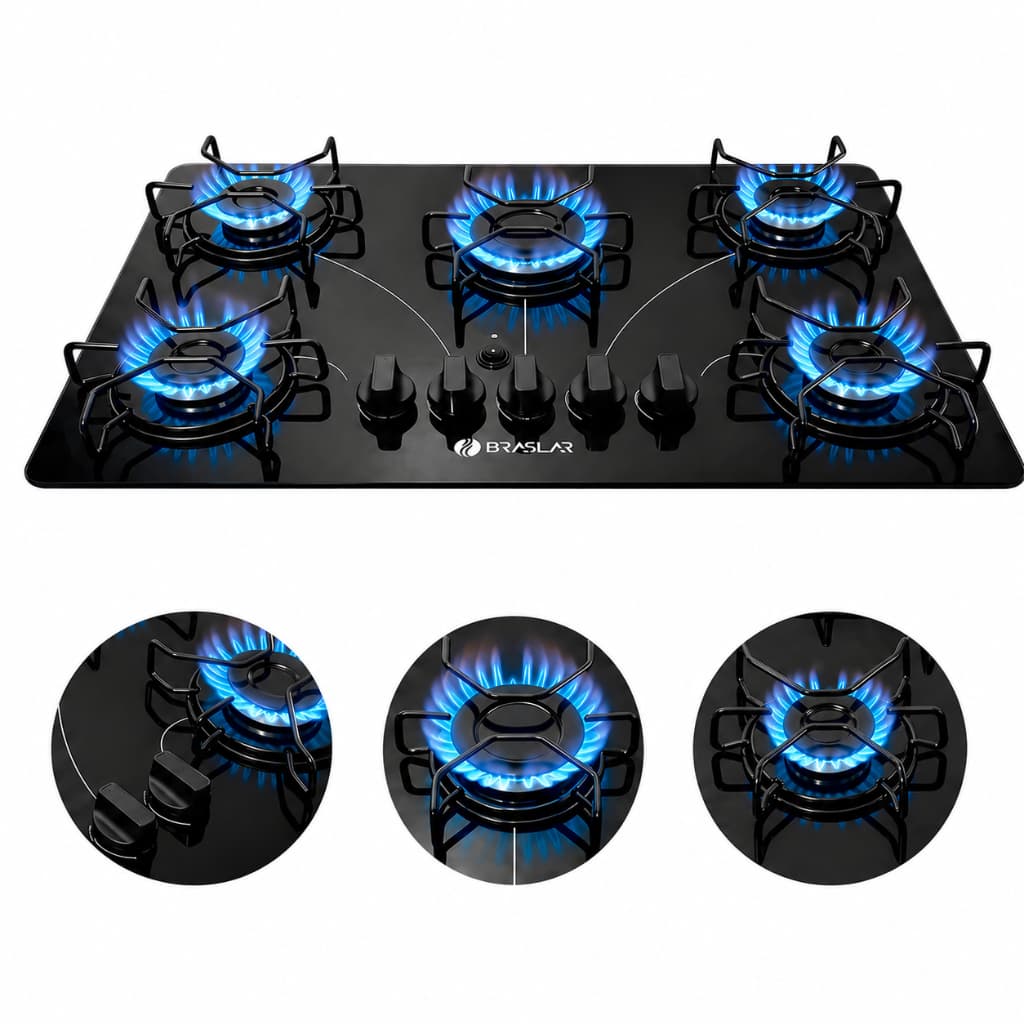 Cooktop Braslar Pop 5 Bocas Preto - Mesa de Vidro 6mm com Acendimento Automático - Bivolt