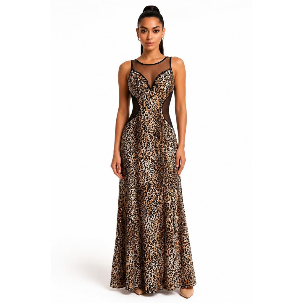 Vestido Longo Liganete Tule Transparente Animal  Onça Elegante Festa Formatura Casamento - Feminino-