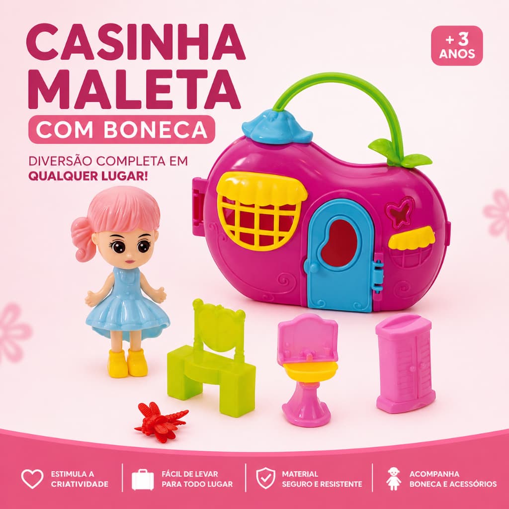 Casa de Boneca Infantil Maleta Portátil Mini Móveis com Boneca e Acessórios 3+