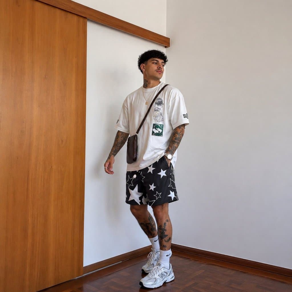 Shorts Tactel Masculino Estampado Estrela Bermuda Elastano Streetwear Masculina Treino