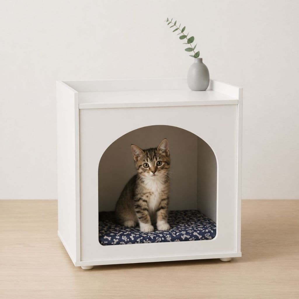 Mesa de Cabeceira Pet Casinha Cachorro Gato MDF com Almofada Moderna Branco