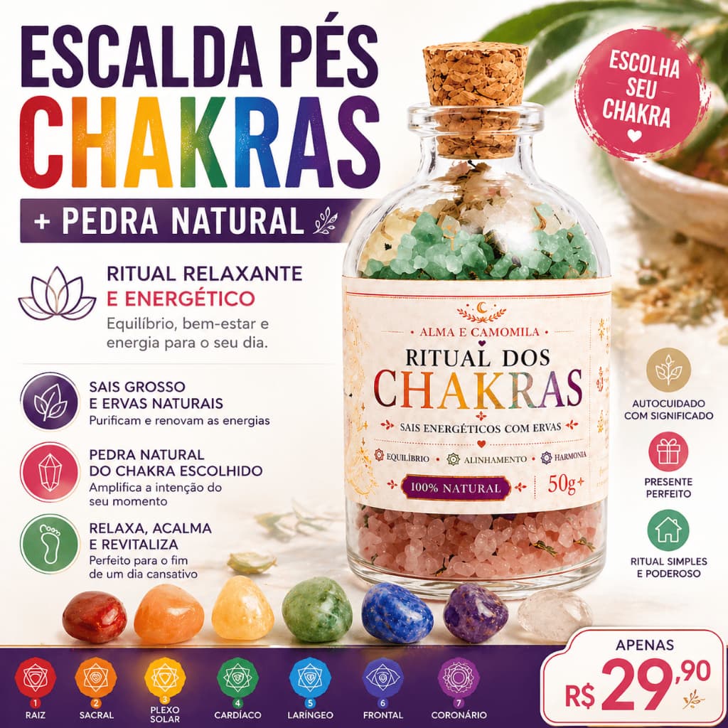 Escalda Pés Energético Chakras + Pedra Natural Ritual Relaxante Sal Grosso Ervas Autocuidado 50g