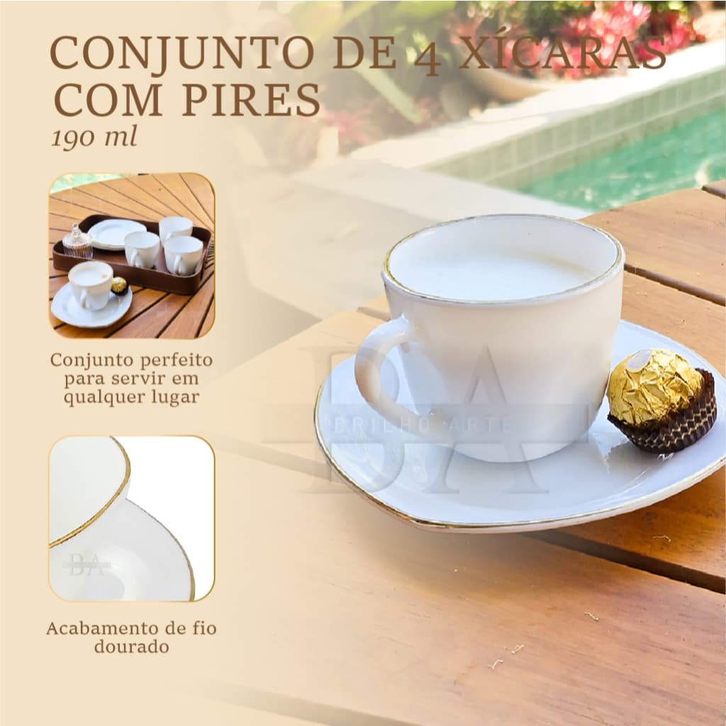 Kit 4 Xícaras De Chá 190ml Com Pires Vidro Opalina Branco Borda Dourada Luxo Mesa Posta Borda Dourada