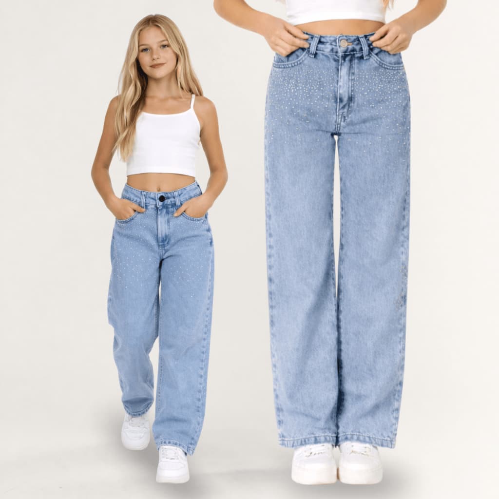 Calça Feminina Wide Leg Jeans Menina STRASS Brilho Estilosa Blogueira Barra Larga Infantil e Juvenil