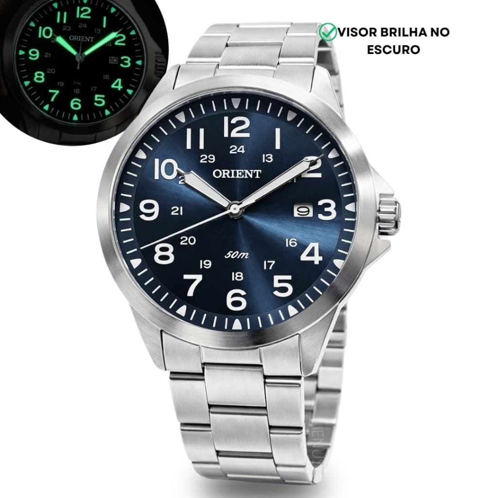 Relógio Orient Masculino De Pulso Analógico Quartz Esportivo Casual Com Fundo Azul Prata Em Aço Inoxidável Original