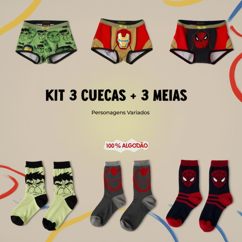 Kit Cueca + Meia Infantil Super Heróis Microfibra Envio Imediato