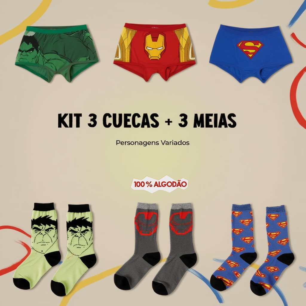 Kit 6 Meia + 6 Cuecas Infantil Menino Personalizadas Coloridas