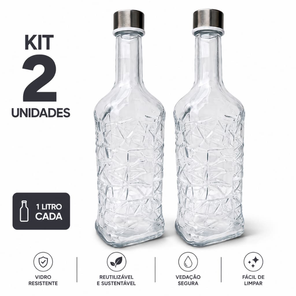 2 Garrafas de Vidro 1L Tampa Inox Hermética Geladeira Pronta Entrega Garrafa Água Suco Detox Resistente Kit Promocional