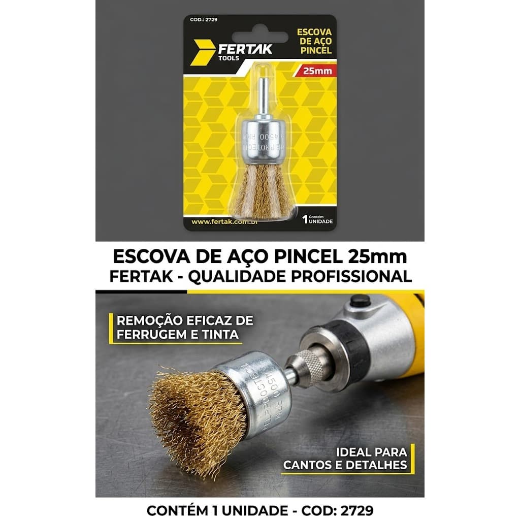 Escova De Aço Pincel 25mm Fertak Para Furadeira e Retífica - Tira Ferrugem e Tinta Aço Madeira Ferro Inox Alumínio