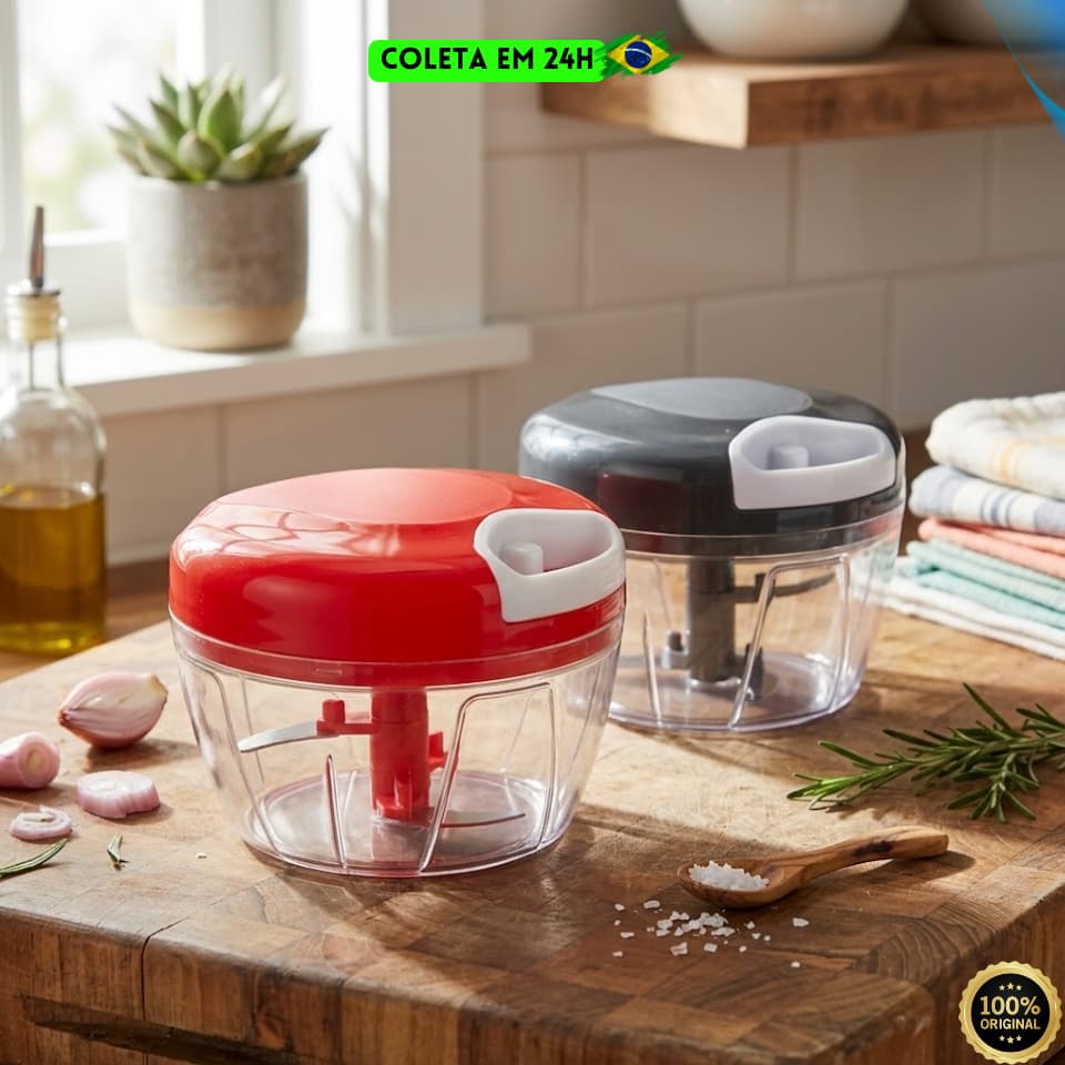 Processador De Alimentos Manual Picador Triturador Alho Cebola Verduras e Legumes 3 Lâminas 500ml