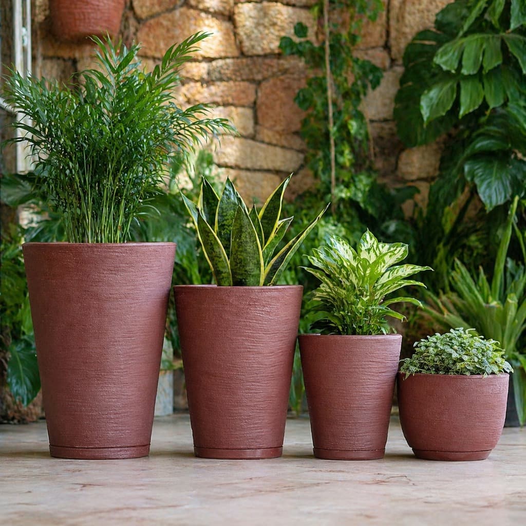 Kit Jogo 4 Vasos Para Plantas e Flores Coluna Bojo com Pratos Sala Jardim Polietileno